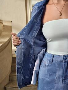 SHEIN Frenchy 女士拼接图案长袖翻领休闲双排扣宽松牛仔外套 - 彩色 - 查看 7