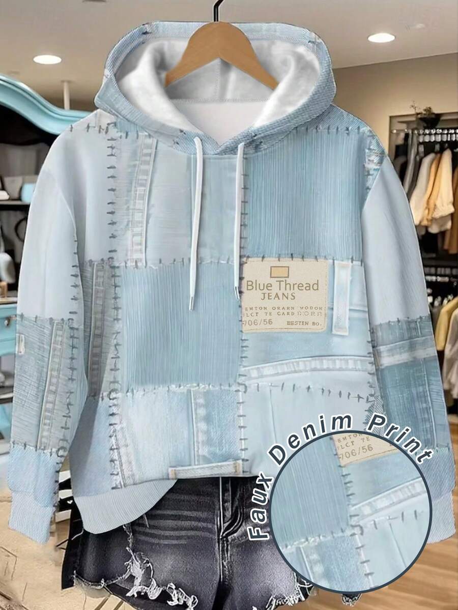 Glissea 复古蓝色牛仔效果拼贴印花连帽女式卫衣，秋冬，秋冬连帽卫衣，女士礼物，节日卫衣，单品，时尚T恤，美妆卫衣卫衣，兄弟姐妹礼物，姐妹礼物，趣味卫衣，休闲简约时尚卫衣 - 藍色 - 查看 1