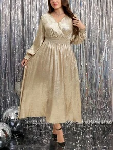 SHEIN LUNE 大码秋季服装 全印花褶皱豹纹长袖连衣裙/秋季连衣裙/秋季女装 秋季婚礼宾客礼服 优雅女装 商务休闲女装 工作连衣裙 商务连衣裙 秋季大码女装 圣诞节女装 新年女装 感恩节女装 感恩节女装 性感夜店女装 优雅奢华晚礼服 亮片连衣裙 - 金色 - 查看 8