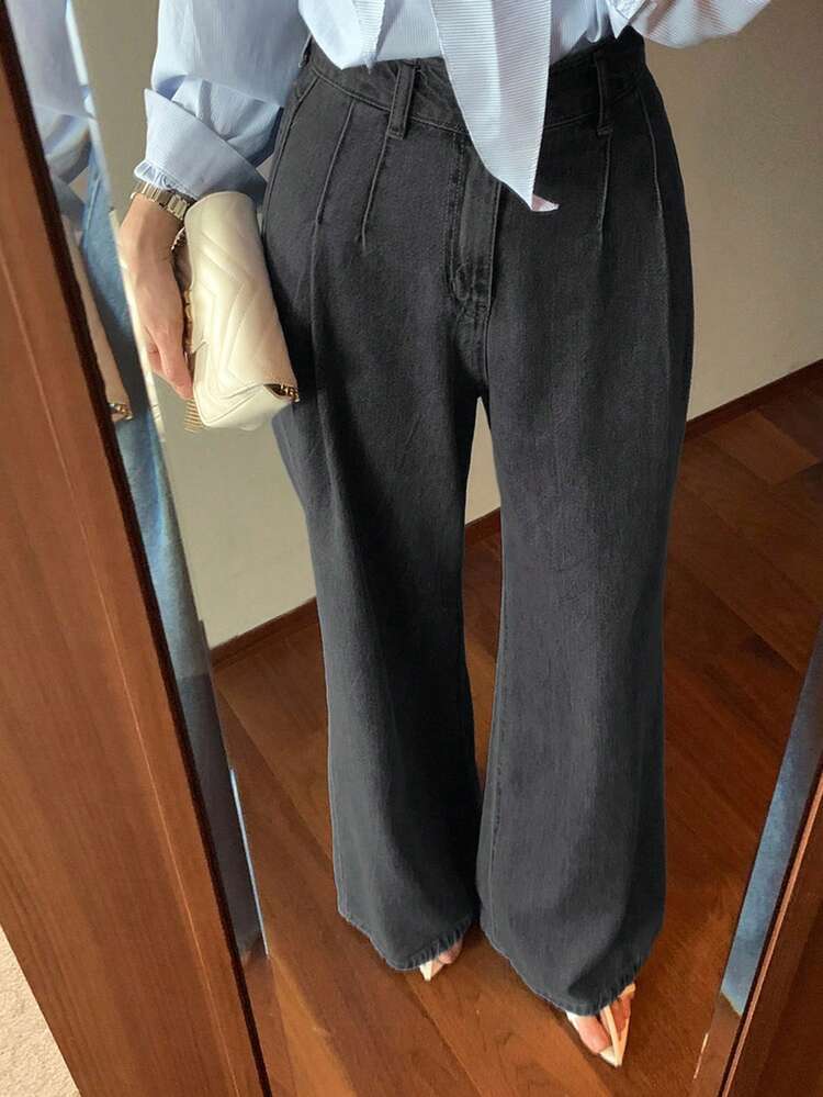 High Waist Washed Blue Pleated Wide Leg Jeans, Loose & Versatile Denim Pants For Autumn/Winter