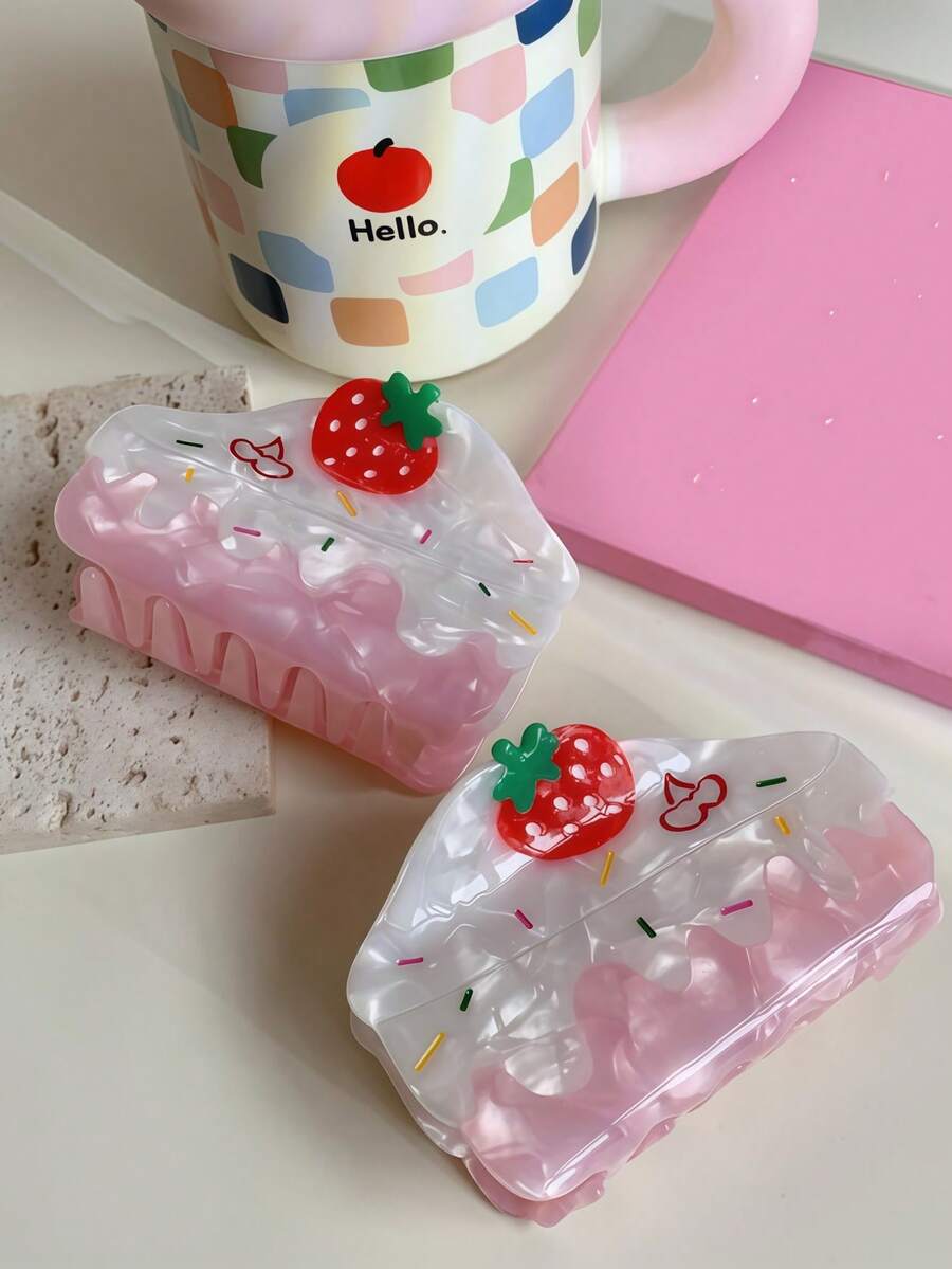 Zazumi 1个草莓蛋糕发爪夹，优雅甜美风格，高品质醋酸材质，适合日常佩戴、约会、节日送礼，多功能发饰，女士耐用发夹，可爱发爪，春夏时尚发饰 - 彩色 - 查看 1