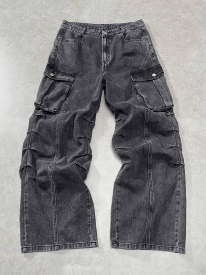 Jeans casual da uomo a gamba dritta, con pieghe, di colore unito e vestibilità ampia