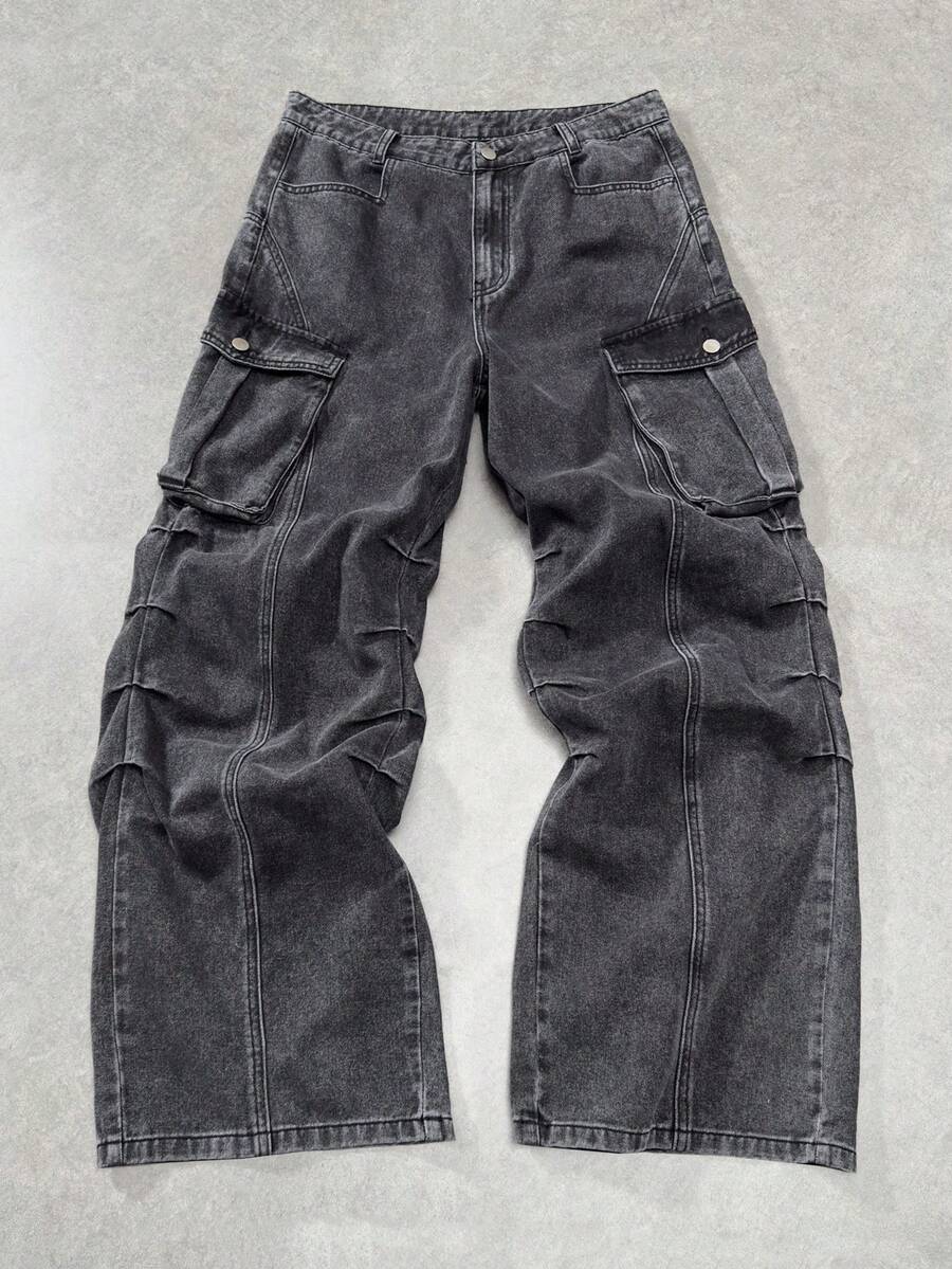 ROMWE MEN Men's Solid Color Casual Pleated Loose Straight Leg Jeans - Black - View 1