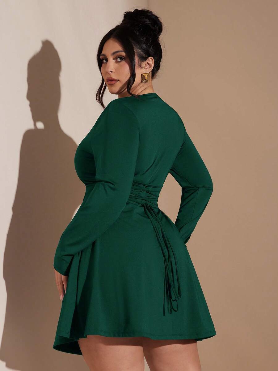 SHEIN BAE Plus Size Women's Brown Long Sleeve Tie-Waist Casual Elegant Mini Dress, Autumn/Winter - Dark Green - View 1