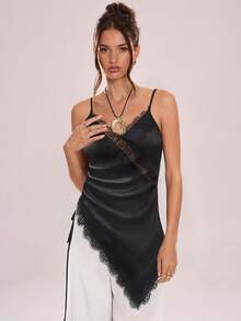 Avenya 蕾丝拼接缎面，侧边拼接抽绳褶皱透明上衣，黑色性感吊带背心 - 黑色 - 查看 3