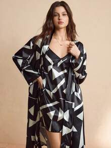 EverLounge 2 pièces Ensemble de pyjama femme avec robe de chambre ceinturée, imprimé géométrique, doux et confortable. Convient pour toutes les saisons, tenue de détente, nouveau style 2025, vêtements d'hiver - Noir et Blanc - Voir 3