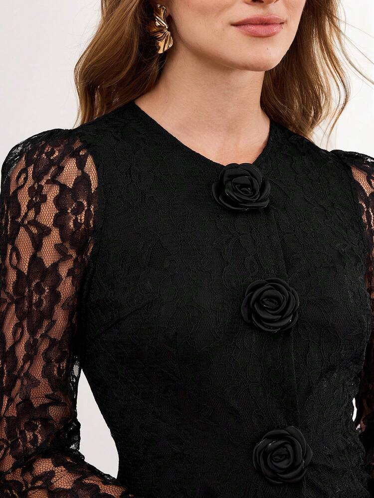 Women's Elegant Black Autumn Lace Fabric Fitted Coats,Formal Evening Holiday Dinner Party Luxurious Coat With Floral Buttons,New Year's Style Tops