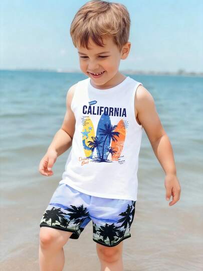 Young Boy Casual Classic Vacation Style, Colorful Surfboard Print, Classic City Name California Text Print, Star, Palm Tree Silhouette Print Tank Top, Suitable For Summer