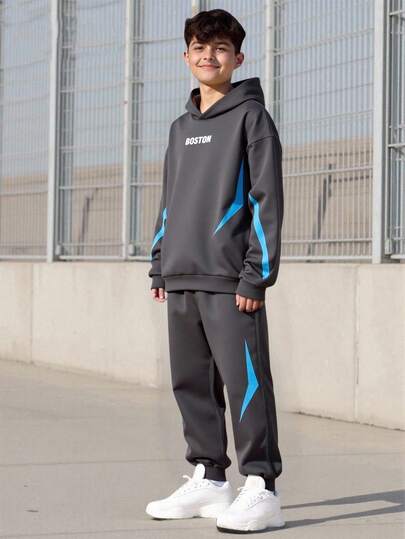 Vacaura 2件套青少年户外休闲运动波士顿字母闪电图案印花连帽衫运动衫和运动裤套装，秋冬