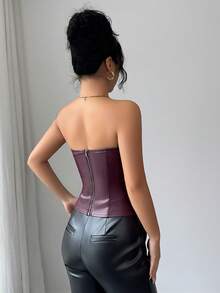 Islaluna Elegante y sexy top de fiesta de tela de PU color burdeos con busto con forma, adecuado para fiestas y citas, top de salida de estilo milenial para mujeres, top sin tirantes de verano para mujeres - Rojo - Ver 2