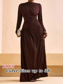 Veslaya 春夏新款音乐节、复活节、圣帕特里克节、西部风、游牧风、生日派对、毕业典礼、学院风、学生装、日常休闲、百搭基础款、休闲、邮轮旅行、海滩、日光浴、爆款、街头风、婚礼宾客波西米亚风、通勤、早午餐、机场、复古乡村风、修身圆领长袖褶皱长裙、女士大码、棕色亮面面料 - 棕色 - 查看 8