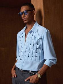 AKNOTIC 男士天蓝色休闲时尚衬衫，舒适百搭，适合聚会和派对等场合。 - 藍色 - 查看 6