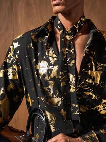 AKNOTIC Business Casual Men's Long Sleeve Single-Breasted Pocket Fashionable Foil Shirt - Black - View 2