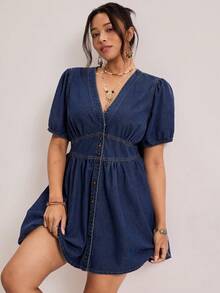 Freevana Plus Size Women V-Neck Bubble Short Sleeve Fitted Waist Dress,Valentine's Day,Mini A-Line Dress,Puff Sleeve Dress,Waist Tie Dress,Lightweight Denim Fabric,Vacation Denim Dress,Travel Outfit Dress,Boho Denim Dress,Resort Style Dress,Island Vacation Outfit,Island Vacation Outfit,French Vintage Dress,Spring Break Outfit,Spring Break Outfit,Holiday Travel Outfit,Button Front Denim Dress,Waist Tie Dress,Cute Date Dress,Tea Time Outfit Dress,Vacation A-Line Dress,Date Dress,Date Dress,Summer,Carnival,Beach,Party,Elegant Party Dress,Going Out - Blue - View 5
