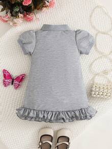 SHEIN 女童休闲Polo领短袖可爱粉色连衣裙，荷叶边下摆设计 - 灰色 - 查看 2