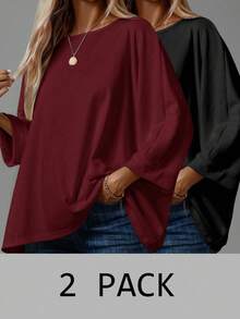 EMERY ROSE Plus Size Casual Solid Color Batwing Sleeve T-Shirt, Autumn Fall Tops Women 3 Packs Tops Shirt Packs For Women Plus Size Oversized Shirts/Winter Plus Size Blouses - Multicolor - View 1