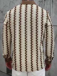 Manfinity CasualCool Men's Contrast Stripe Casual Shirt With Front Button Closure And Flat Collar Men Knitted Button Up Crochet Men Shirt,Men's Geometric Jacquard Long-Sleeved Button-Down Shirt,Men's Boho Apricot Regular Fit Striped Knitted Long Sleeve Button Front Collar Shirt - Apricot - View 2