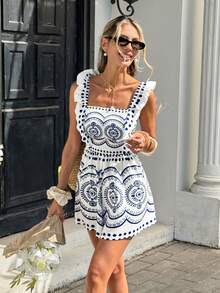 Serisse 女式全印花露背系带连体裤，度假休闲装 - 藍白色 - 查看 4