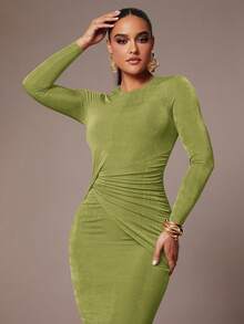 Silquee 女士优雅派对弹力双层面料高品质卡其色扭结设计秋冬长袖圆领连衣裙，适合日常通勤，可内可外穿，感恩节、圣诞节、新年等场合的理想之选。 - 橄欖綠 - 查看 4