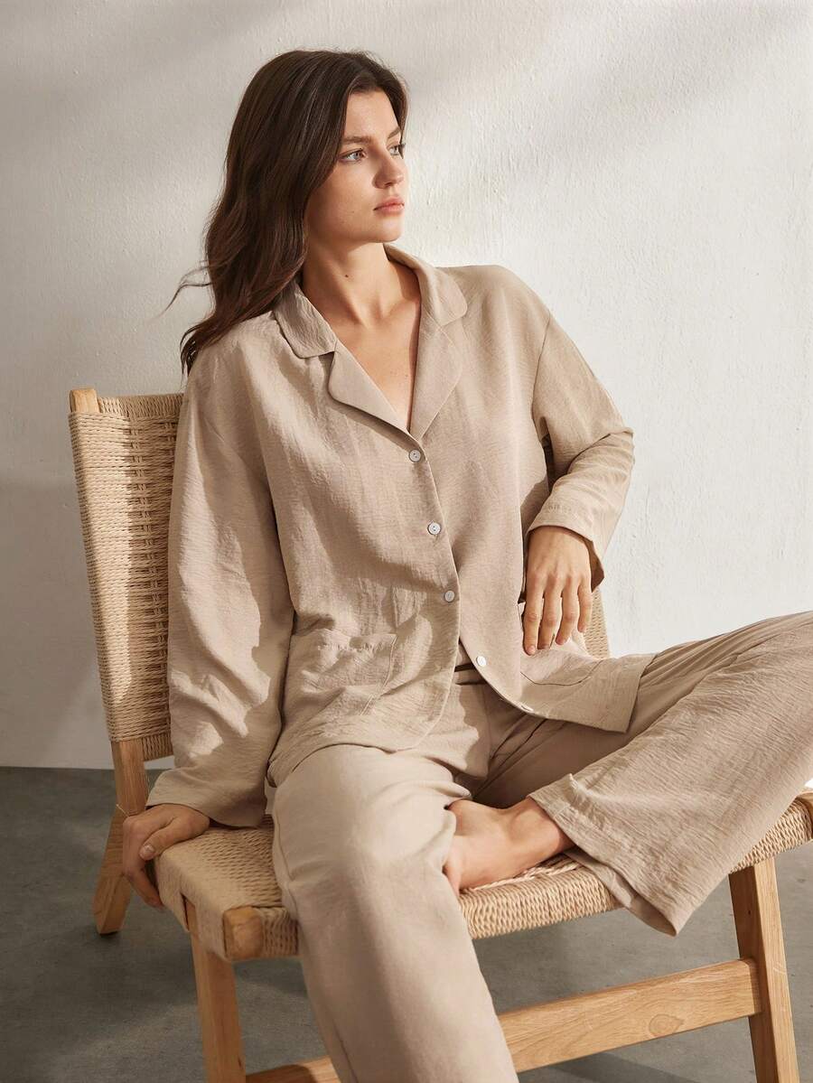 Ocili 舒适简约休闲柔软睡衣家居服，时尚秋季品质舒适，简约男女通用睡衣套装 - 卡其色 - 查看 1