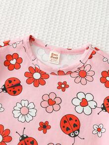 Cozy Pixies 2pcs Baby Girl Floral Knit Soft Pink Short Sleeve Top & Elastic Waist Pants Set,Cute Summer Cherry Flower Pattern 100 Cotton Family Matching Outfit - Pink - View 9
