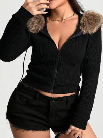 NU&NOW Plus Size Women Sexy Hooded Sweatshirt With Furry Collar, Long Sleeve Ribbed Comfortable Fabric Versatile Jacket Sweatshirt
