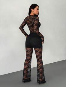 SHEIN PETITE 2pcs Women's Sexy Sheer Black Lace Top And Lace Pants Set, Stylish Design, Spring/Summer - Black - View 2