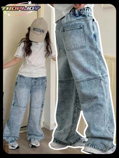 SHEIN Tween Girls Y2K Style Vintage Washed Straight Leg Wide Leg Jeans, Fashion Casual Comfortable Elastic Waist Denim Pants For Big Tween Girl Washed Denim Baggy Jeans Fall Winter