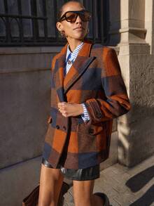 Maija 棕色格子羊毛大衣，时尚百搭的都市女式秋冬外套，新年复古休闲风 - 彩色 - 查看 9