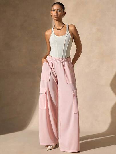 EURMUSE Fashionable Versatile Solid Color Wide Leg Cargo Sweatpants