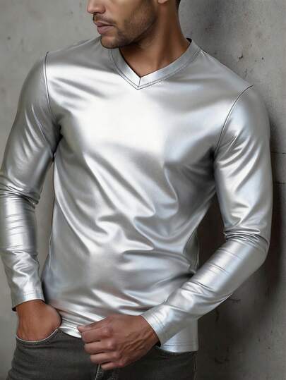 Manfinity Roughcore Men's V-Neck Solid Color Casual Versatile Commuting Long Sleeve T-Shirt V Neck Men Shirt Satin Men Shirt Silver Shirt Men Men Sexy Top Mens Rhinestone Shirt Long Sleeve