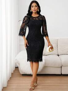 SHEIN Lady 女士圆领七分袖蕾丝修身优雅迷你连衣裙 - 黑色 - 查看 6