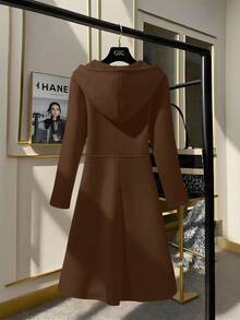 GlowEve CURVE Women's Knitted Gold Zipper Decor Hooded Sweatshirt Dress, French Casual Everyday Commute Fashion French Elegant Street Vintage Versatile Holiday Business Cream Beige/Ivory Long Sleeve Dress, Autumn/Winter - Brown - View 2