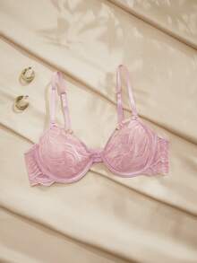 Charlaine 3/4罩杯钢圈聚拢几何蕾丝拼接浪漫法式/意式风格舒适半罩杯文胸，适合日常穿着 - 粉色 - 查看 8