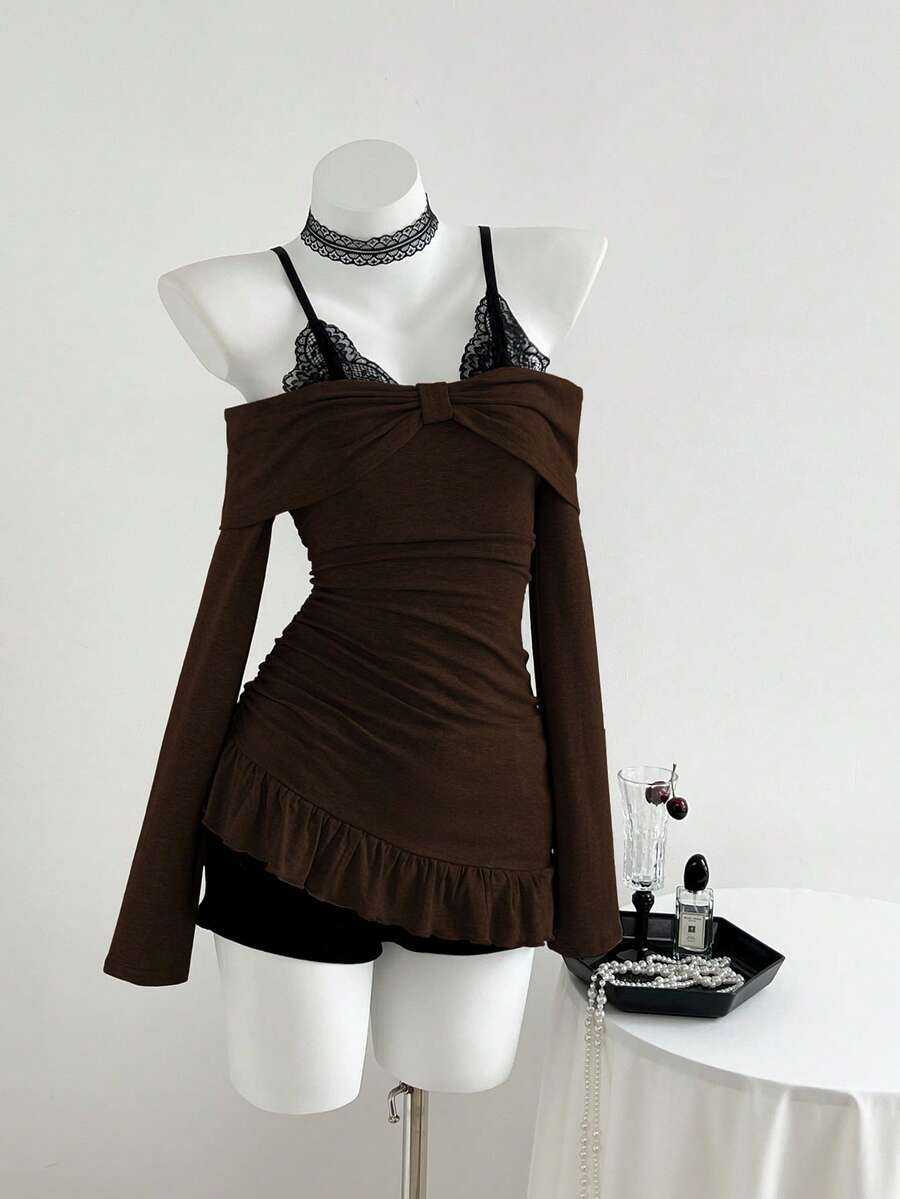 Elamini 1 Áo thun nữ cổ tròn ren đen xám viền bất đối xứng, thích hợp mặc hàng ngày, đi học, xuân/thu/đông - màu nâu - Xem 1