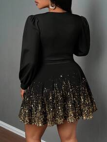 Slaydiva 大码女式V领长袖休闲浪漫闪亮金色图案印花连衣裙，黑色，适合秋冬季节、派对、音乐会等场合 - 金色 - 查看 2