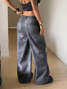 StreetHx Women's Casual Street Dragon Pattern Wide Leg Pants, Autumn/Winter - Medium Wash - View 4