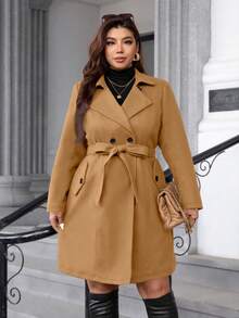 SHEIN Clasi 大码纯色简约日常保暖长袖外套 - 卡其色 - 查看 3