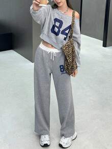 INAWLY 2pcs Women's Casual Asymmetric Collar Number Print Sweatshirt And Sweatpants Set, Spring/Fall - Multicolor - View 1