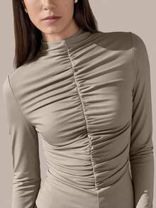 BizChic Women's Solid Color Ruched Front Mesh Fabric Blouse, Slim Fit, Versatile For Urban Commute, Business Casual, Office Wear, Elegant For Christmas, New Year Party, Black All-Match Top For Outings - Light Grey - View 7