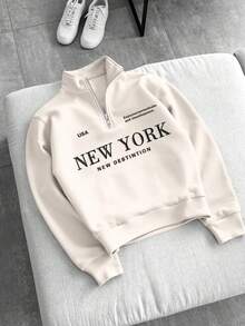 Manfinity Hypemode New York Letter Print Zipper Collar Long Sleeve Loose Casual Pullover Sweatshirt For Men Gifts Father Gifts Men Quarter Zip Sweatshirt