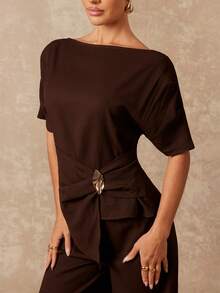 Lumalex 早春女士优雅通勤不对称褶皱腰上衣和阔腿裤两件套，奢华新年新造型，低调奢华，适合舞会、聚会、宴会、低调奢华、闪耀节日派对、锐舞音乐节、郊游、度假、热门户外、层次丰富的婚礼、情人节礼物指南、浪漫情人节穿搭、季节宴会、身份证派对、新年派对造型、秋季派对造型 - 咖啡棕 - 查看 6