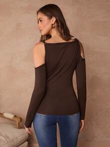 Enchnt Women's Elegant Dark Brown Autumn Top,Seksi Chic Hollow Out Fitted Long Sleeve,Spring Fashionable Clothes For Date,Daily Commute& - Coffee Brown - View 7