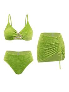 Swim SXY 3件套夏季度假性感纹理面料金色配饰吊带背心、比基尼和抽绳紧身迷你裙套装（女款） - 綠色 - 查看 5
