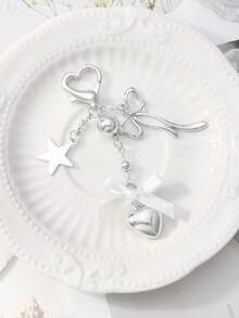ROMWE Kawaii 1pc Y2K Minimalist High-End Silver Butterfly Faux Pearl Hollow Heart Star Woven Bow DIY Keychain Bag Charm, Suitable For Women/Girls Daily Wear, Holiday Gift