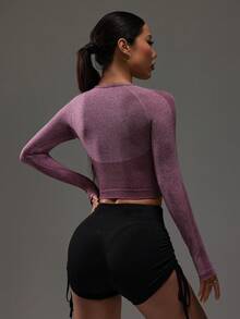 Eassivo Eassivo Solid Color Round Neck Fitted Short Sleeve Seamless Sports T-Shirt Top Set Workout Top Set Women Sport Crop Top Shirt Long Sleeve Workout Set Gym Tops For Women - Burgundy - View 2