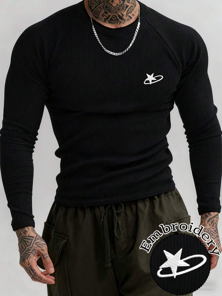 Manfinity Dauomo Men's Round Neck Five-Pointed Star Embroidery Pattern Slim Fit Casual Long Sleeve T-Shirt - Black - View 1