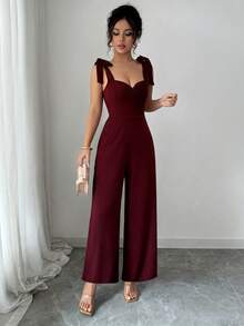 GlowEve 无袖蝴蝶结腰带连体裤，简约优雅设计，女士款 - 酒紅色 - 查看 5