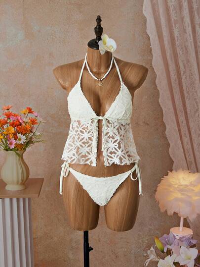 Bellisia Women's 3D Floral Fabric Beige Full Coverage Cute Camisole Bikini Top