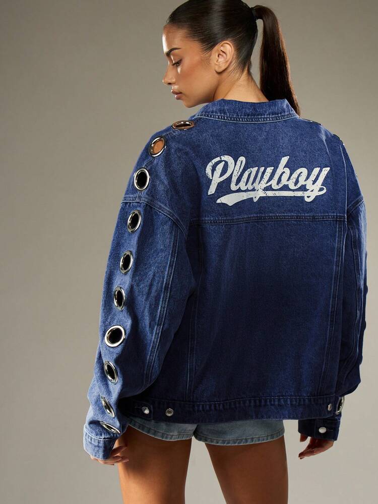 Missguided x Playboy Oversized Denim Jacket With Grommets Eyelet Detail Button Front Classic Blue Jean Outerwear Spring Fall Layering Piece
